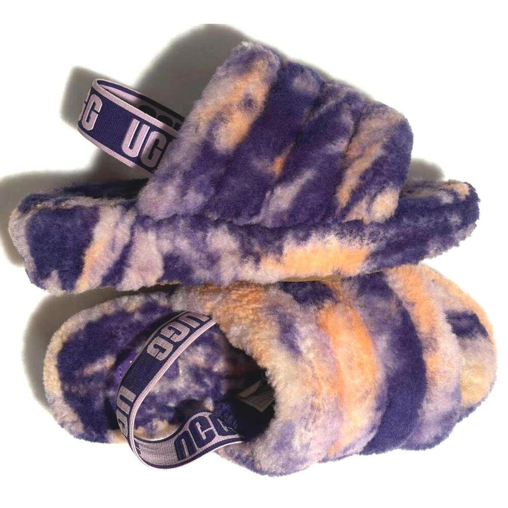 UGG Fluff Yeah Slide Tie Dye Purple Peach Shearling Platform Slippers Size 6 - Picture 11 of 14